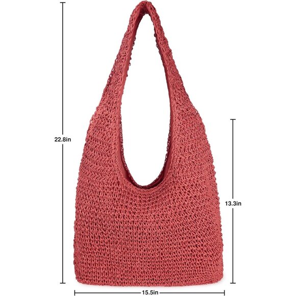 Women's Red Large Straw Beach Bag Handmade Woven Shoulder Hobo Tote Handbag - Picture 4 of 5